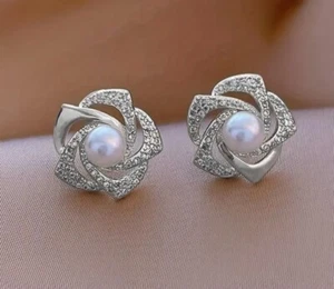 Vintage Floral Silver Rhinestone Pearl Glamour Dress Wedding Stud Earrings - Picture 1 of 4
