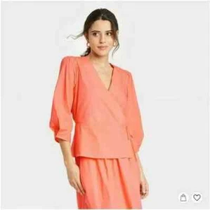 A New Day Top 3/4 Sleeve Wrap V-Neck Blouse Peach Pink Orange Cotton Shirt XL - Picture 1 of 3