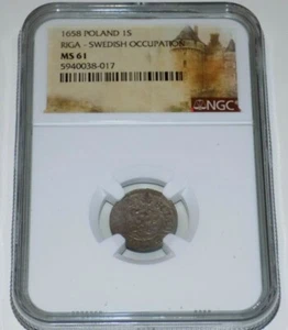 NGC 1658 POLAND 1S RIGA SWEDISH OCCUPATION MS61 MS 61 Certified Graded UNC Coin  - Picture 1 of 4
