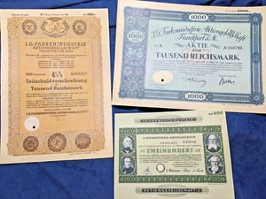 Deutsches 'Reich': IG Farben Trio 3:1 Anleihe, 1 Aktie und 1 Liquid. Papier, 1920-50er Jahre - Bild 1 von 5