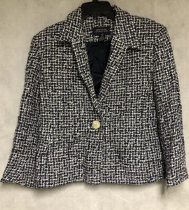 Jones New York Signature Lined Women’s Blue White Tweed 1 Button Blazer Size 10 - Picture 1 of 4