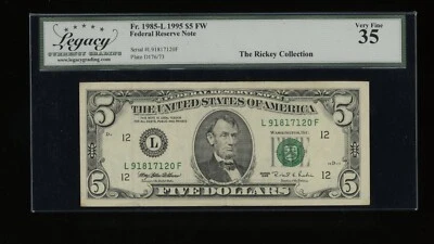 DBR 1995 $5 San Francisco Fr. 1985-L Legacy 35 Serial L91817120F - Image 1 of 2