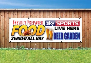 LEBENSMITTEL SERVIERT, HIMMELSPORT, BIERGARTEN PVC bedrucktes BANNER AUSSENSCHILD Ösen - Bild 1 von 2