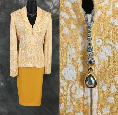 КРАСИВЫЙ St John вечер вязаный желтый стразы украшенная юбка костюм 6 8 - Изображение 1 из 4