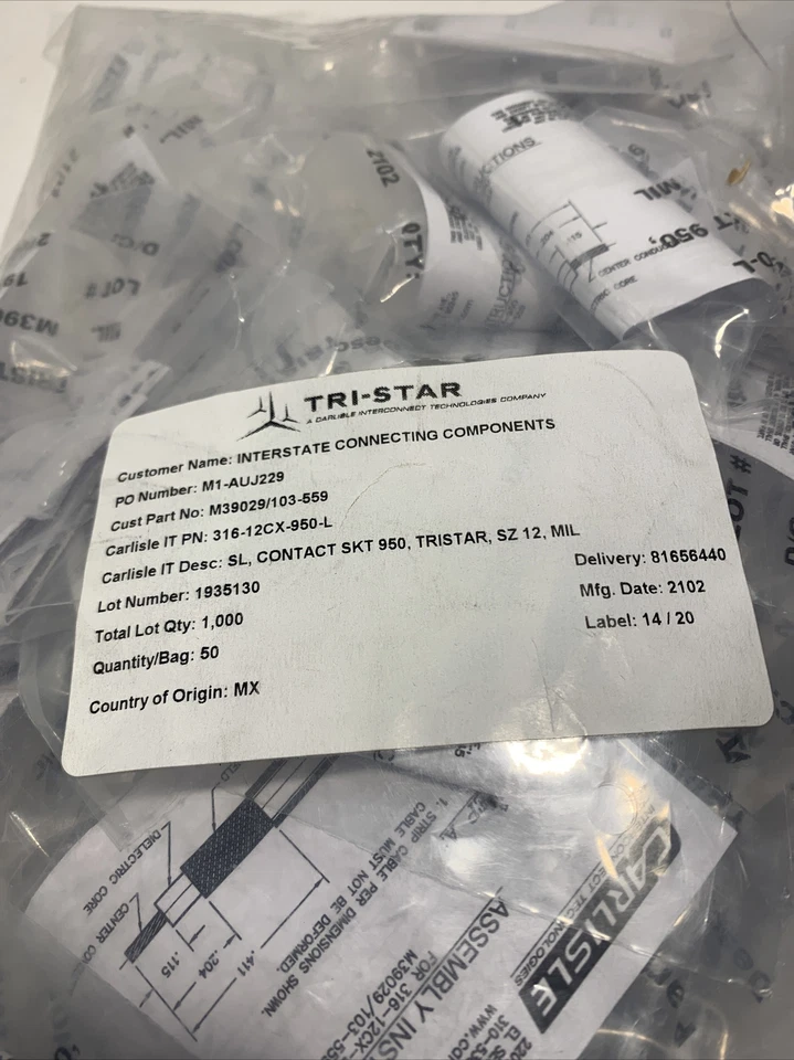 Bag of 50 - Tri-Star M39029/103-559 Carsile 316-12CX-950-L Contact 12 GA Coax - Image 1 of 4