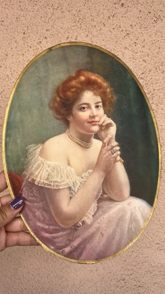 1890 Antique Art Nouveau Art Print Woman Beautiful Colorful Gilded Print Picture - Image 1 of 4