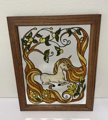 Vintage Stained Glass Style Unicorn Art Mirror -Retro 70’s -Oak Frame 18.5x14.5 - Image 1 of 4