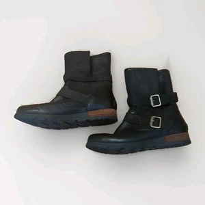 Sorel Major Moto Biker Boots Womens 8.5 Black Leather Slip On Buckle - Picture 1 of 7