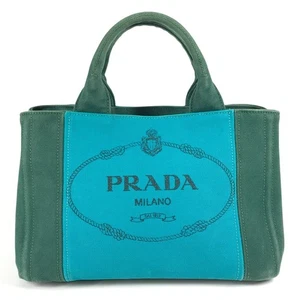 PRADA Canapa logo stripes Bag Tote Bag Hand Bag Canvas Green/blue - Picture 1 of 16