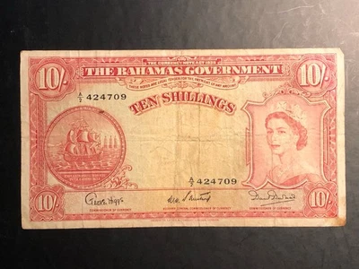 1953 Bahamas 10 Shillings Banknote Queen Elizabeth P# 14b - Circulated RARE - Image 1 of 2