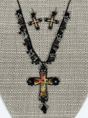 MX Cross Necklace Set Goth Floral Crystal & Matching Earrings Michael Morrison - Image 1 of 4