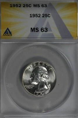 1952  .25   ANACS   MS 63  Washington Quarter, Silver 25 Cents (0.25) - Image 1 of 2