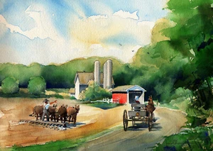 Amish Farm & Covered Bridge, Lancaster County, PA. James Mann watercolor prints - Picture 1 of 2