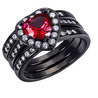 3 Pcs Women's 925 Sterling Silver Simulated Ruby Bridal Wedding Ring Band Set - Image 1 of 2
