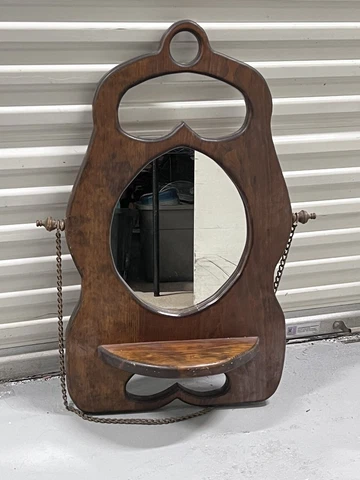 Antique Arts & Crafts Large Oak Wall Mirror w/ Shelf Cover
