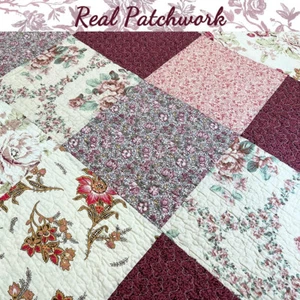 RED FLORAL PATCH Full Queen QUILT : GEORGIA COTTON BURGUNDY WHITE CHIC COTTAGE - Picture 1 of 7