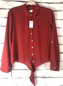 NWT Chicos Womens Size 1 Red Button Up Long Sleeve Shirt Tie Waist - Picture 1 of 6
