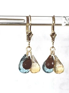 14k Yellow Gold Filled Citrine, Garnet, Topaz Briolette Cluster Dangle Earrings - Picture 1 of 3