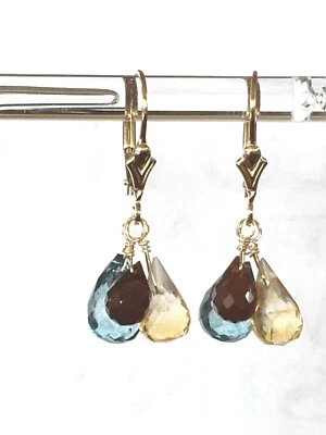 Pendientes colgantes con racimo de briolette de topacio, granate y citrino relleno de oro amarillo de 14k Foto 1 de 3