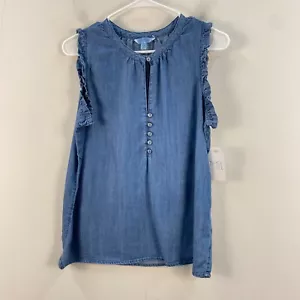 Time & Tru Womens S Tank Top Blouse Shirt Blue Ruffle Sleeveless Chambray 10891 - Picture 1 of 9