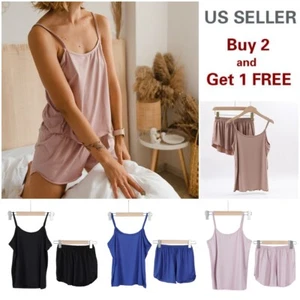 2PCS SET Women Sleepwear Sexy Lingerie Pajama Cami & Shorts Nightwear Set A - Picture 1 of 10
