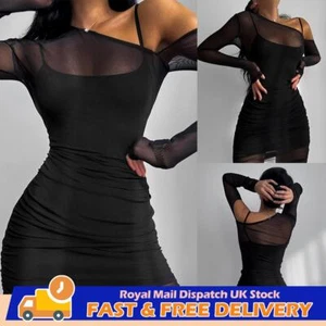 UK Women Sexy Mesh Sheer Bodycon Ruched See-through Clubwear Party Mini Dress - Picture 1 of 16