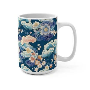 Taza de café estilo chinoiserie nubes florales azules, taza de té de 15 oz, vajilla asiática - Imagen 1 de 5