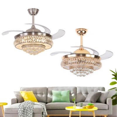 36/42" Retractable Crystal LED Ceiling Fan Lamp Chandelier Lamp w/Remote Control - Image 1 of 4