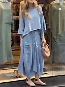 Conjunto de top y falda suelta con bolsillo de algodón y lino de moda de verano 2025 2 piezas - Imagen 1 de 30