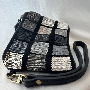 Jamin Puech Womens Sequin Zip Up Wristlet Clutch Pouch Bag Mosaic Pattern Black - Picture 1 of 10