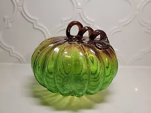 Kunstglas Kürbisse grün Bernstein Wirbel Stiel Crackle Glas - Herbst - 8" Breite x 6,5" Höhe - Bild 1 von 7