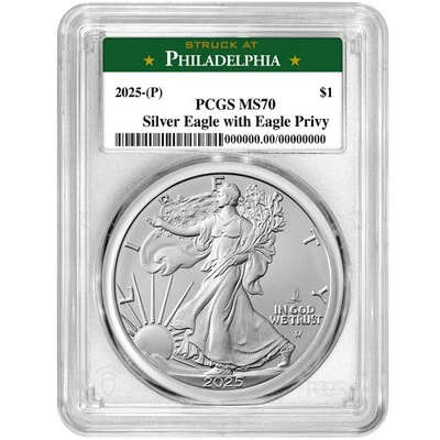 2025 (P) $1 American Silver Eagle First Eagle Privy PCGS MS70 Philadelphia Label - Image 1 of 3