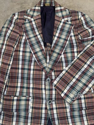 Vintage 1970s Blazer Jacket Sz. 36 Plaid Textured Polyester Disco Sport Coat 70s - Image 1 of 4
