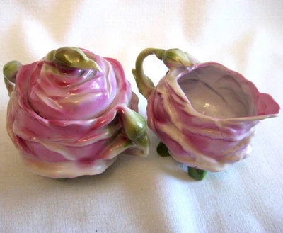 ROSE Shaped Cream & Sugar/Lid Vintage Porcelain Footed Dishes Floral Pink Green - Image 1 of 4