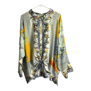 Johnny Was Floral Tie-Front Button Down Blouse 100% Silk XL Bohemian Colorful - Picture 1 of 12