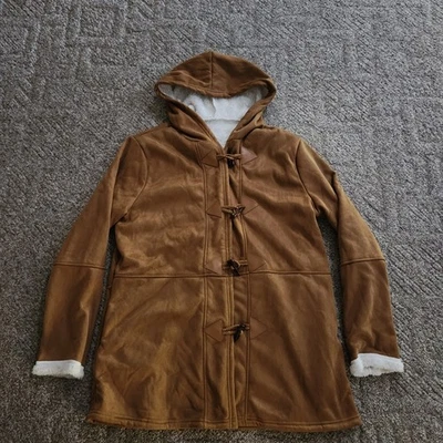 *Abrigo con capucha de gamuza beige con interior blanco difuso - Mujer talla X-grande. Foto 1 de 2