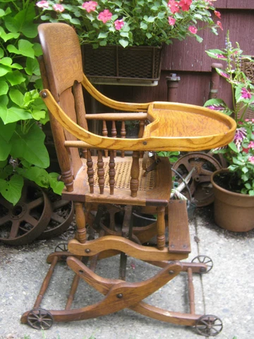 ANTIQUE PRIMITIVE USA WICKER BABY HIGH CHAIR ROCKER STROLLER CAST IRON TOY WHEEL Cover