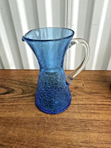 Mid Century Vintage Hand Blown Blue Crackle Glass Small Pitcher - Picture 1 of 5
