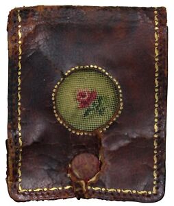 Antique Victorian Leather Floral Embroidered Sewing Needle Book Case 2"