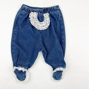 Pantalones de mezclilla vintage con patas de encaje con volantes cintura elástica talla 0-6 meses - Imagen 1 de 7