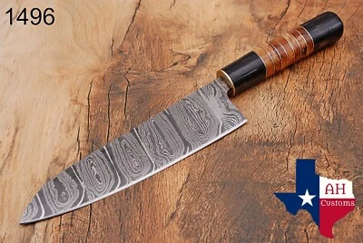 CUCHILLO DE CHEF DE ACERO DAMASCO FORJADO A MANO Y CUERNO DE BÚFALO CON MANGO DE MADERA DE OLIVO AH-1496 Foto 1 de 4
