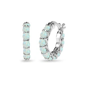 Small Round Simulated White Opal Huggie 18mm Hoop Earrings in Sterling Silver - Picture 1 of 4