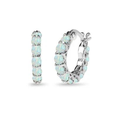 Small Round Simulated White Opal Huggie 18mm Hoop Earrings in Sterling Silver - Image 1 of 4