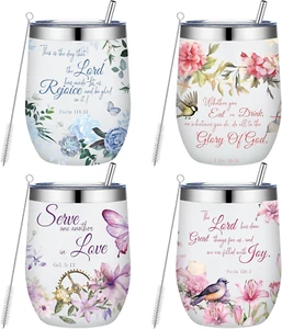 4 Pcs Christian Gifts for Women 12 Oz Floral Stainless Steel Tumblers with Li... - Picture 1 of 1