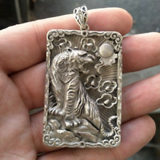 Chinese Tibetan Miao Silver Fengshui Zodiac Yeae tiger Hollow Beast Pendant