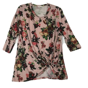 REBORN J Pink Floral Side Tie Shirt Soft 3/4 Sleeve Feminine Tunic Modest Large - Picture 1 of 4