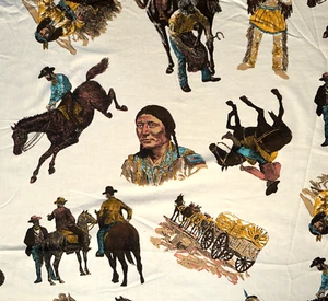 Cowboys Indians Horses Western Theme Vintage Cotton Fabric Piece #5 - Picture 1 of 9