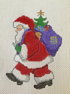Needlepoint Canvas Hand Stitch Painted Santa With A Bag of Presents and A Tree - Picture 1 of 3