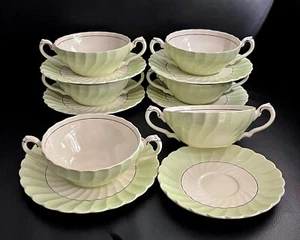 Vintage MYOTT Green Olde Chelsea Soup Coupes & Saucers, Staffordshire England - Picture 1 of 6