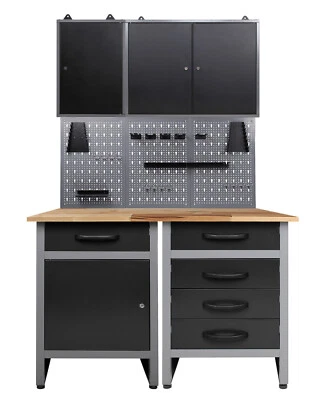 Werkstatt Set 120cm 2x Werkbank Metall 2x Werkzeugschrank Lochwand Haken Ondis24